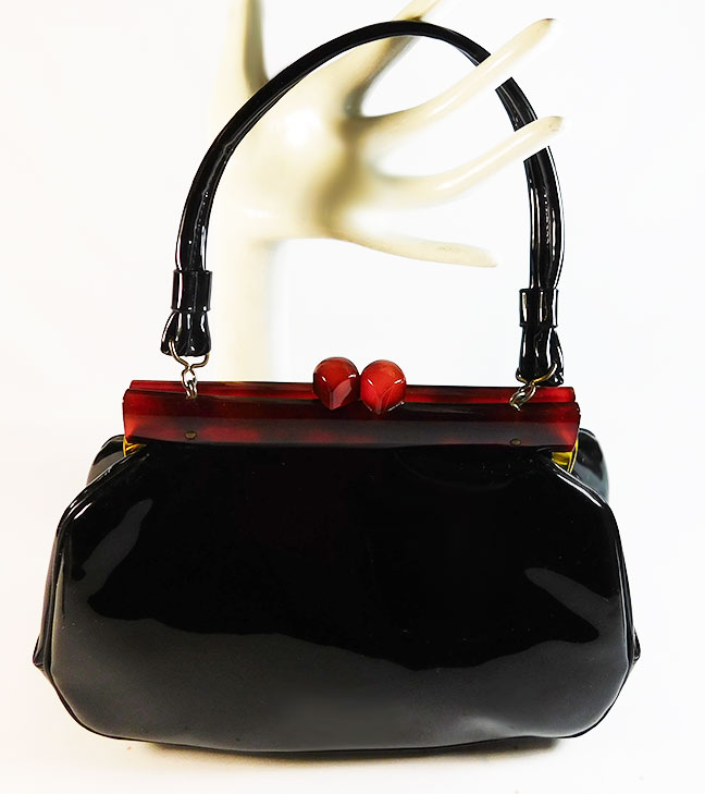 Vintage Leather Framed Handbag Patent Glossy Twist lock